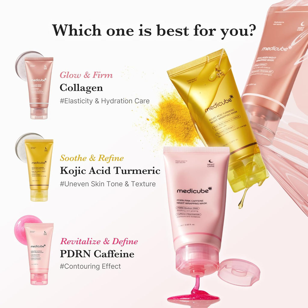medicube Korean Overnight Glow Mask Trio: PDRN Caffeine & Collagen & Kojic Acid Turmeric 2.0 Overnight Wrapping Peel Off Facial Mask and Jelly Brush