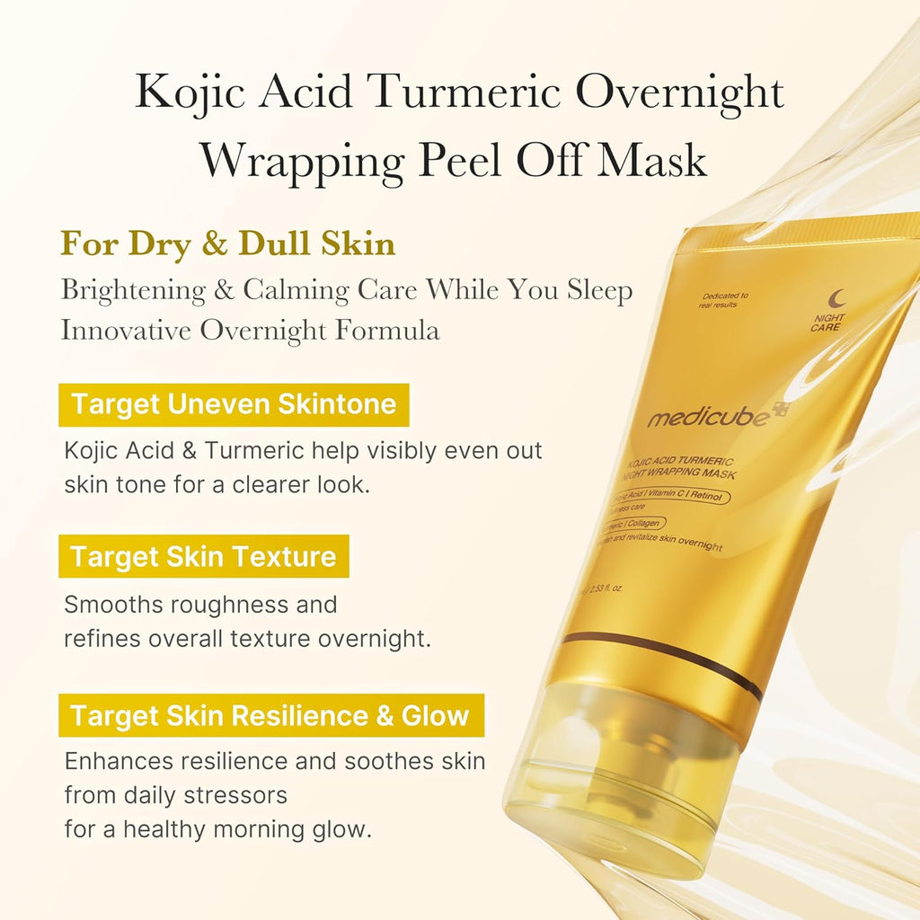 medicube Korean Overnight Glow Mask Trio: PDRN Caffeine & Collagen & Kojic Acid Turmeric 2.0 Overnight Wrapping Peel Off Facial Mask and Jelly Brush